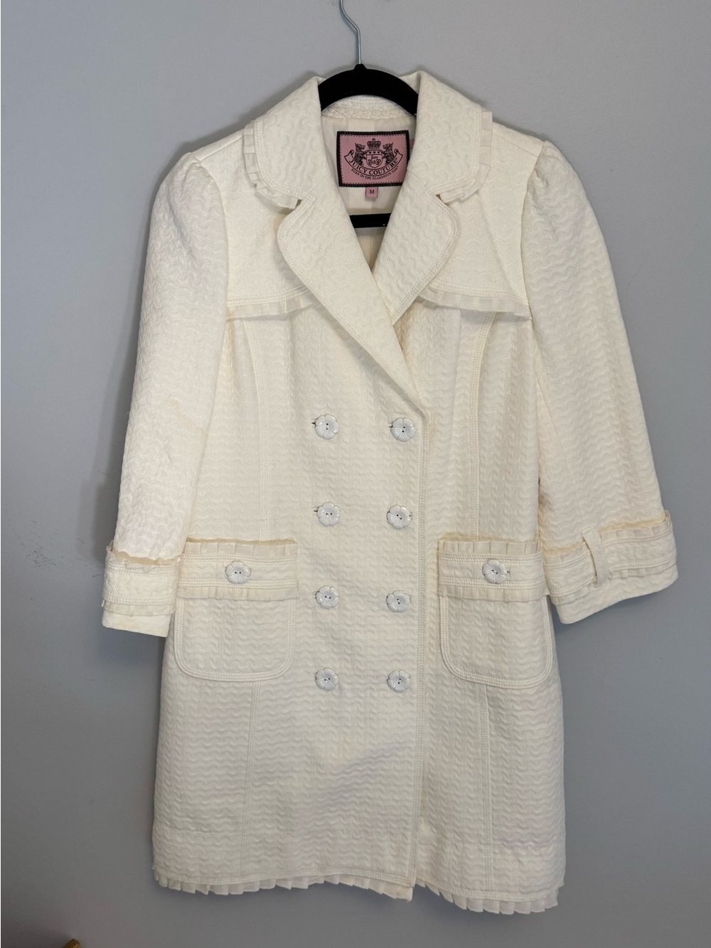 Juicy Couture Vintage Double Breasted Ruffle Coat Ivory/White Floral Buttons M